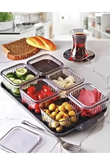 Assess Store Breakfast Storage Container with Tray - 6-Piece Breakfast Set with Lids Square Compartment Breakfast Bowl