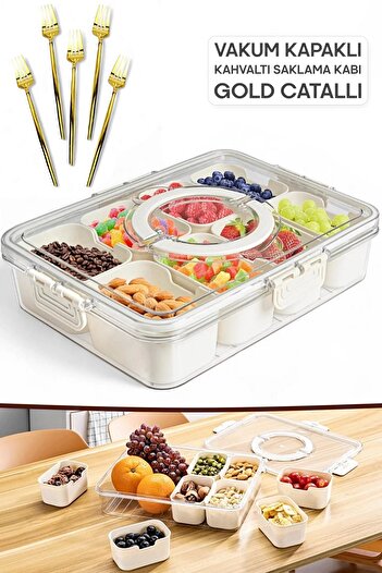 Tilbe Home Breakfast Storage Container Organizer Lock Lid 8 Compartment Portable Picnic Gold Fork Set
