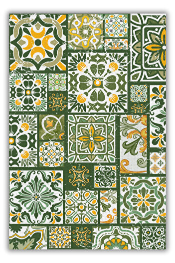 The Reef Design Patchwork Seramik Desenli Dokuma Taban Dijital Baskılı Yııkanabilir Çini Desenli Yeşil Salon Halısı