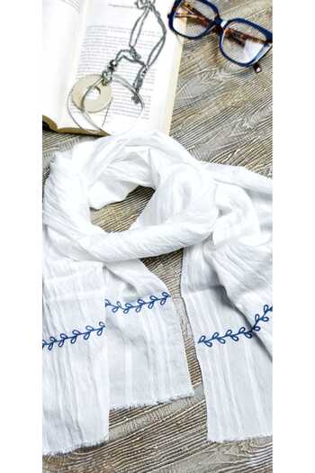 Handmade Betty Bands White Blue Embroidered Cotton Shawl – Summer Lightweight Ethnic Shawl & Scarf Bandana