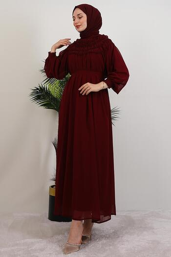 GİYZAMİLA Gipe Detail Chiffon Dress Burgundy