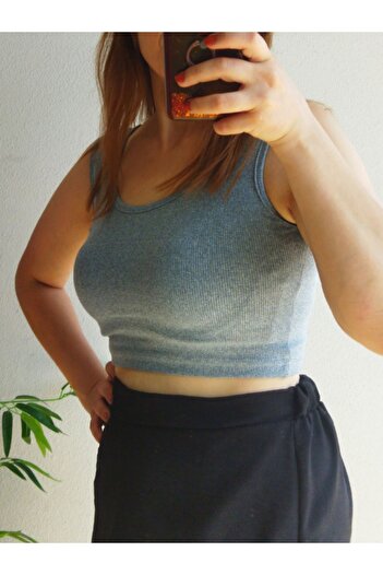 HEREN BUTİK Luna Gray Rib Fit Basic Crop Undershirt |   Summer Top |   Camisole Fabric Wide Strap Crop Blouse