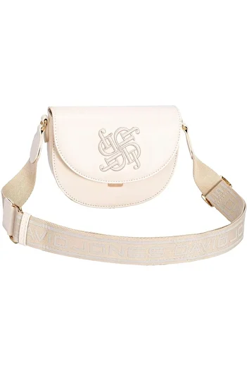 David Jones Rounded Crossbody Bag, Leatherette, Golden Hardware, Flap-Over Design