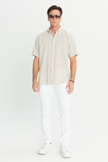 AC&Co / Altınyıldız Classics Men's Beige Linen Look 100% Cotton Dobby Button Collar Shirt Comfort Fit Relaxed Fit