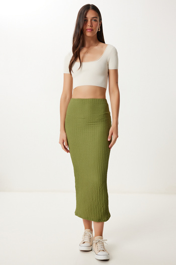 Happiness İstanbul Women's Khaki Textured Slit Flexible Knitted Skirt Zv00336