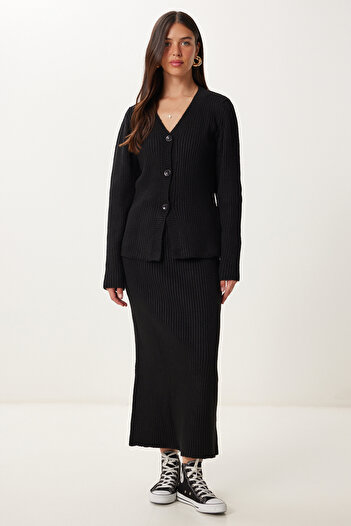 Happiness İstanbul Women's Black Cardigan Skirt Knitwear Set Yy00245