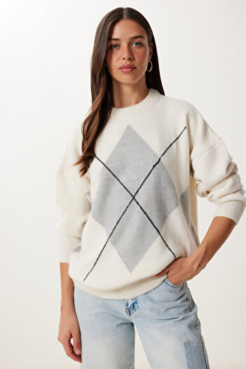 Happiness İstanbul Women's Cream Gray Diamond Patterned Knitwear Sweater Dd01366