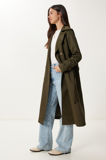 Happiness İstanbul Women's Khaki Double Breasted Collar Belted Gabardine Trench Coat Dd01375