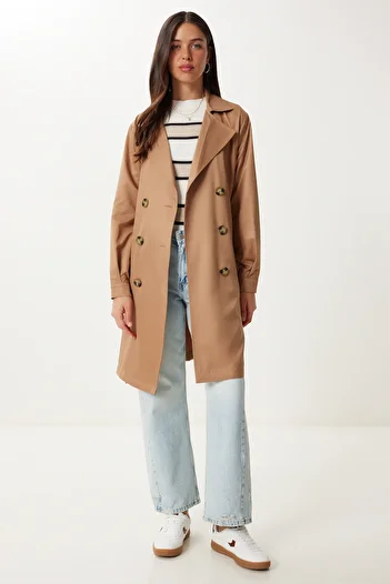 Happiness İstanbul Women's Camel Double Breasted Collar Belted Seasonal Trench Coat Dd01374