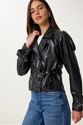 Happiness İstanbul Women's Black Belted Faux Leather Jacket Dd01376