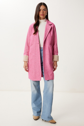 Happiness İstanbul Women's Dark Pink Double Breasted Collar Fur Cashmere Coat Dd01367