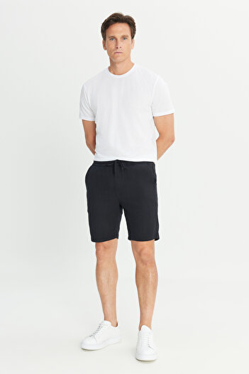 AC&Co / Altınyıldız Classics Men's Black 100% Cotton Comfort Fit Tie Waist Flared Side Pocket Shorts