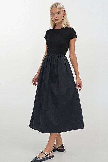 Trend Alaçatı Stili Women's Black Crew Neck Elastic Waist Color Block Maxi Length Dress Alc-X14278