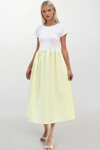 Trend Alaçatı Stili Women's Yellow Crew Neck Elastic Waist Color Block Maxi Length Dress Alc-X14278