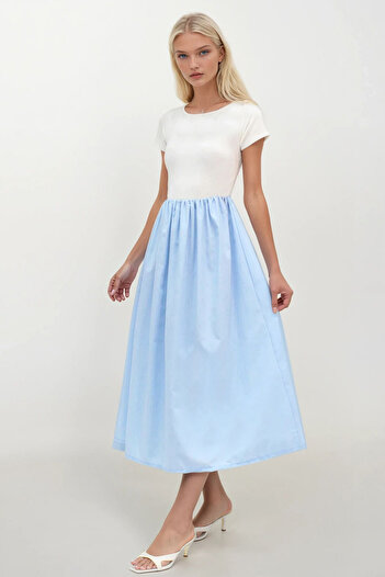 Trend Alaçatı Stili Women's Blue Crew Neck Elastic Waist Color Block Maxi Length Dress Alc-X14278