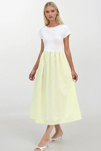 Trend Alaçatı Stili Women's Yellow Crew Neck Elastic Waist Color Block Maxi Length Dress Alc-X14278