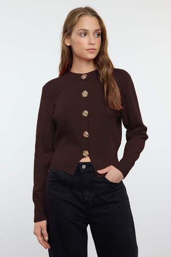 Trendyol Collection Brown Premium Yarn/Special Yarn Crop Rose Button Jacket Look Knitwear Cardigan Twoaw25Hi00110