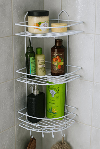 Sas Haus Stainless White Adhesive Bathroom Corner Organizer, Shampoo Holder, Shower Shelf 3-Tier - 4 Hooks