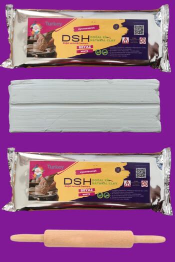 DSH Doğal Seramik Hamuru Ceramic Dough 2 Kg White, Roller, Natural Clay Mud, Ceramic Starter Set