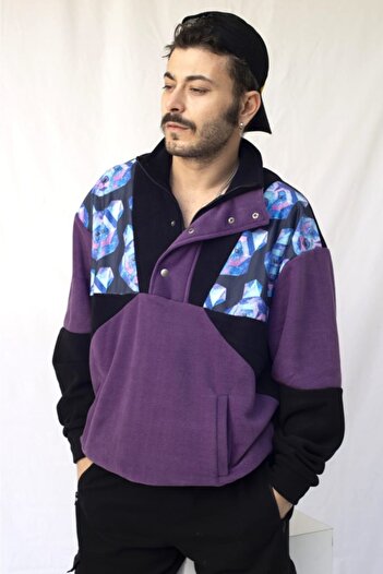 Vatkalimon Γυναικείο Ανδρικό Μαύρο Μωβ Fleece με μισό φερμουάρ