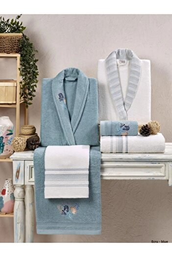 Taç Crystal Soft Cotton Embroidered 6 Piece Family Bathrobe Set Ecru-blue