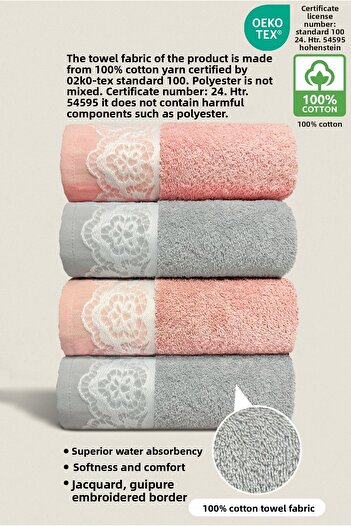 Ellaline Milano 4-Piece Hand Towel Set 100% Cotton Certified, Hand Face Kitchen Towel Laced 50X90Cm Pink Gray