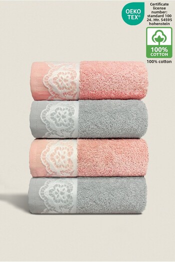 Ellaline Milano 4-Piece Hand Towel Set 100% Cotton Certified, Hand Face Kitchen Towel Laced 50X90Cm Pink Gray