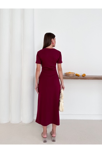 Gameyal Women's Modal Fabric Side Tie Detailed Burgundy Dress