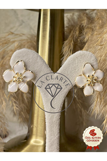 La Clarte Women's Gold Color White Flower Model Earrings – Elegant and Stylish Design
