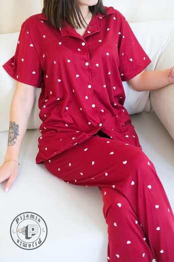 Pijamia Bordo Heart Patterned Buttoned Short Sleeve Women's Pajama Set