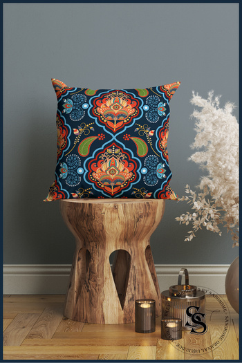 SasoHome Ethnic Series Navy Blue Ottoman Handcrafted Patterned 3D Digital Printed Throw Pillow Cover