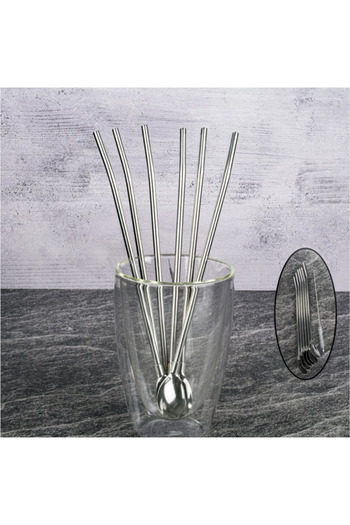Tohana Steel Straw with Spoon 6pcs + Brush Cocktail Stirrer Cocktail Spoon Bar Cocktail Spoon 6pcs