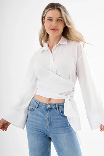 Cistern İstanbul Women's White Belt Detailed Tie-Up Shirt