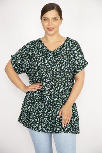 Şans Women's Green Large Size Woven Viscose Fabric Flower Patterned Double Sleeve Blouse with Side Pockets 65n36600