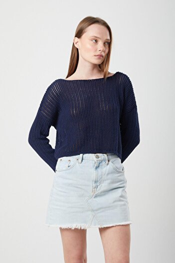 Mixray 6864 Women's Openwork Mesh Seasonal Sweater Navy Blue