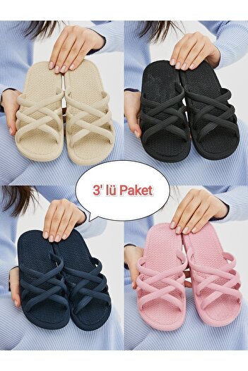 Moda Devrin Πακέτο 3 Παντόφλες Straw Look Σπίτι Εξωτερική Πισίνα Παντόφλες Μπάνιου Θάλασσας Σετ Πακέτο προίκας