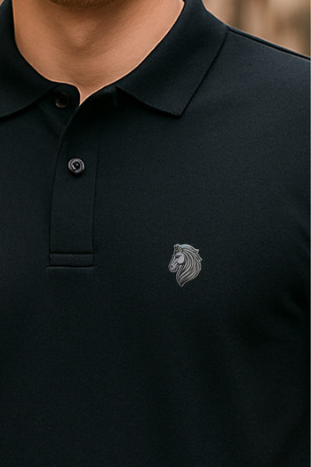 BESSA Men's Black Polo Neck T-Shirt Horse Printed Pocketless Regular Fit Non-Curling Interlock Fabric