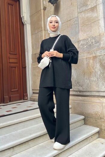 Maystore Steel Knitted Knitwear Tunic and Trousers Set - Balloon Sleeve