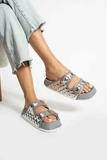 Sivarro Quilted Bright Gray Buckle Women's Slippers – Orthopedic, Stylish, Non-Slip Sole