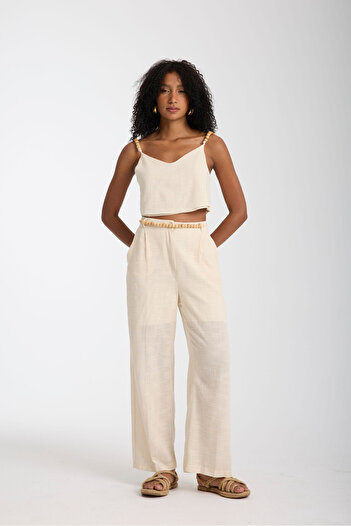ABOUT US Bead Detailed Linen Bottom Top Women's Set