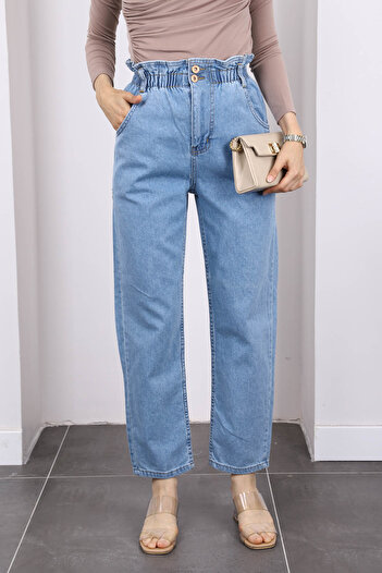 İmajButik Koyu Mavi Bel Lastikli Mom Jeans Pantolon