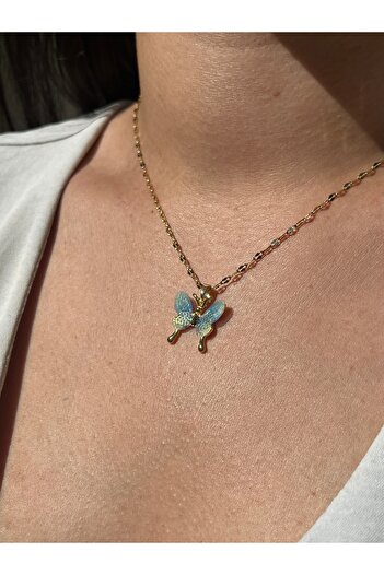 Lilac Jewelry 316l Çelik Zincirli Gold Renk Mavi Zirkon Taş Kelebek Tasarımlı Kolye