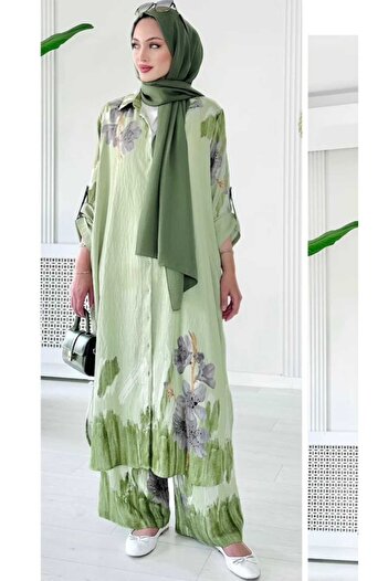 QUAWEAR Shirt Collar Long Tunic Side Pockets Trousers Double Set