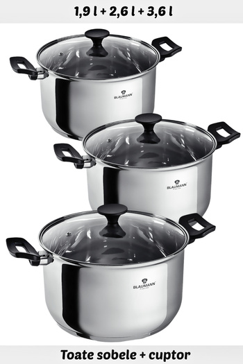 Blaumann Stainless Steel Cookware Set 6 Pcs Pots Lids 16/18/20 Cm Gourmet Line Induction Dishwasher Safe
