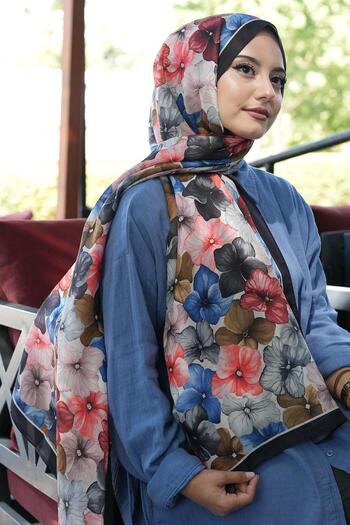 AFVENTE Hydrangea Flower Pattern Navy Blue Soft Cotton Shawl
