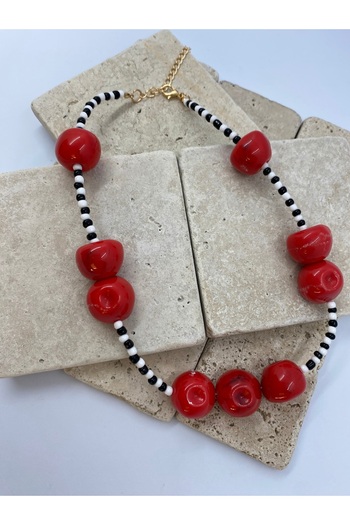 Byoz store Black and White Beads and Red Cherry Equivalent Necklace