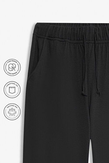 Elemge %100 Pamuk Süprem Erkek Pijama Altı Siyah Compact Penye Cepli Rahat Kalıp Lastikli Ipli Terletmez