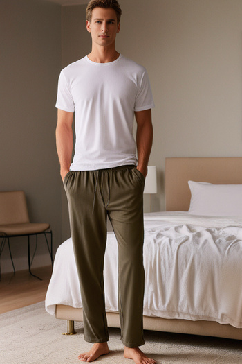 Elemge 100% Cotton Single Jersey Men's Pajama Bottoms Khaki Pocket Comfortable Fit Relax Fit Elastic Drawstring Sweatproof Flexible