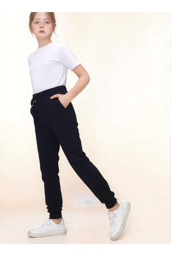 Jannock Girls' Knitted Cotton Combed School Trousers – 100% Cotton – Elastic Waist and Leg – Black Color