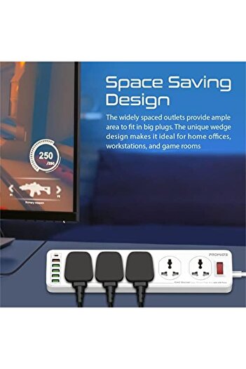 Promate Power Extension, Powerful 2500W Universal 10 AC Sockets Power Strip with 5M Cord, 20W Type-C